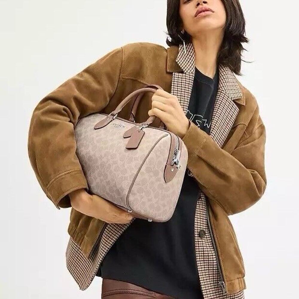 NWT Coach Rowan Large Satchel Bag In Signature Canvas CV959 Sand Taupe Silver - Picture 7 of 9